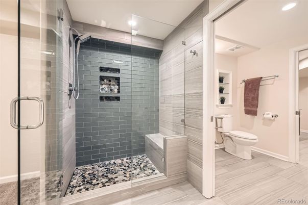 Bathroom, Glass Shower, Interior, Recessed Lighting, Wood Texture Flooring