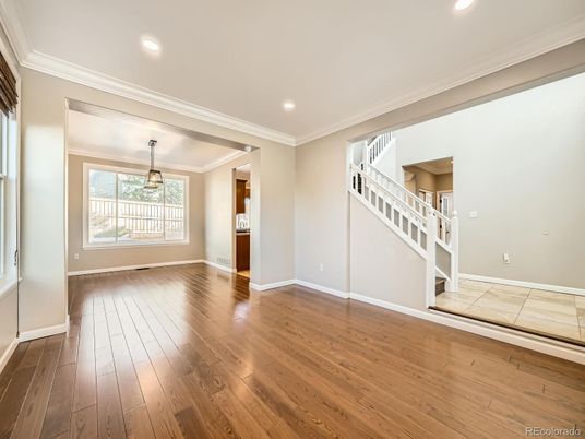 Empty room, Interior, Pendant Lights, Recessed Lighting, Wood Texture Flooring