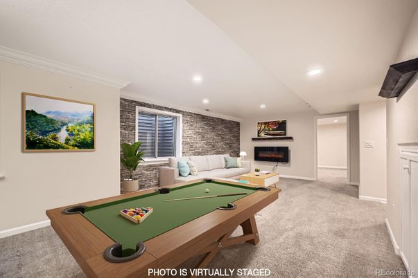 Billiard Table, Fireplace, Game Room, Interior, Recessed Lighting, Stone Walls