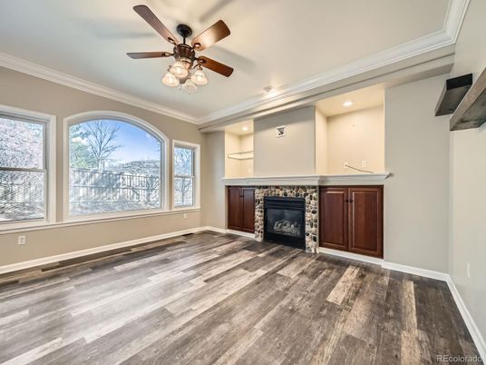 Empty room, Fireplace, Interior, Recessed Lighting, Wood Texture Flooring