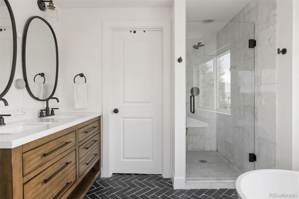 Bathroom, Dual Sink Vanities, Glass Shower, Interior, Marble Walls