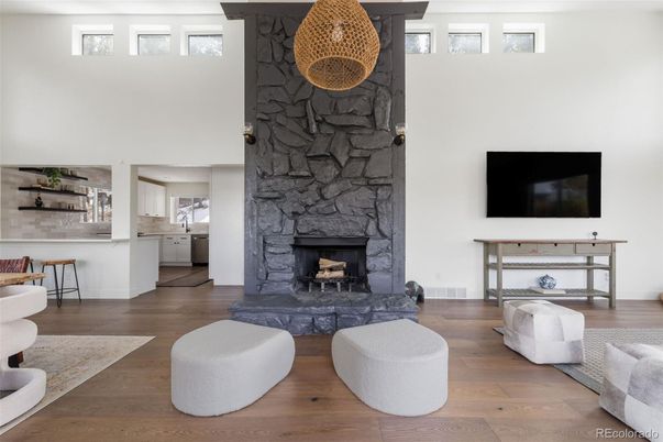Fireplace, Interior, Living room, Stone Walls, Wood Texture Flooring