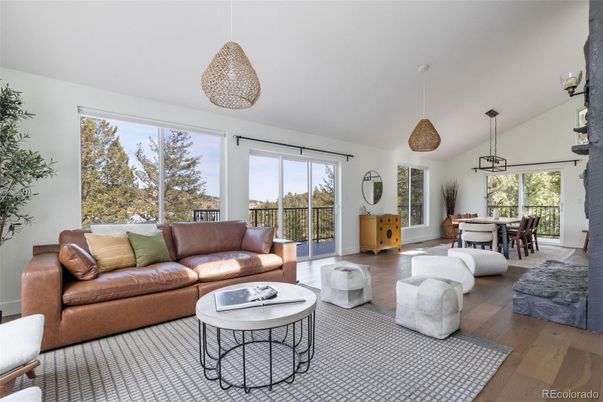 Dining room, Interior, Living room, Pendant Lights, Wood Texture Flooring