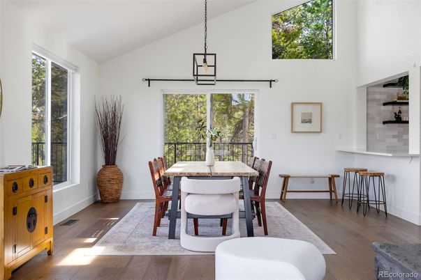 Dining room, Interior, Pendant Lights, Wood Texture Flooring