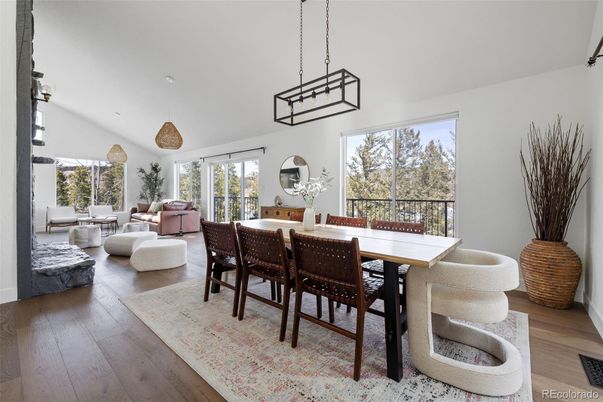 Dining room, Interior, Living room, Pendant Lights, Wood Texture Flooring
