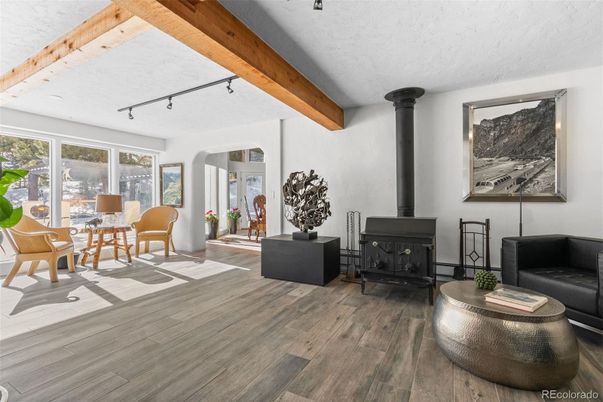 Dining room, Fireplace, Interior, Wooden Beams, Wood Texture Flooring
