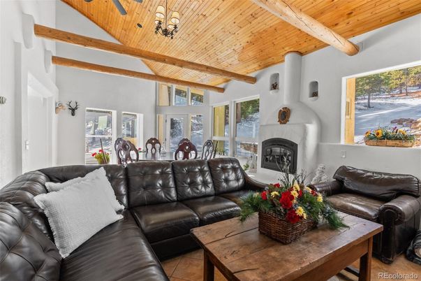 Dining room, Fireplace, Interior, Living room, Pendant Lights, Wooden Beams, Wooden Ceilings