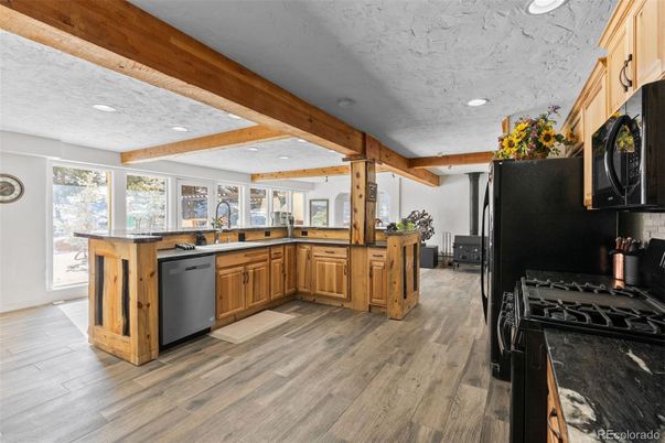 Interior, Kitchen, Recessed Lighting, Wooden Beams, Wood Texture Flooring