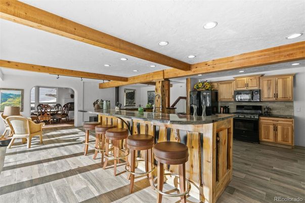 Interior, Kitchen, Recessed Lighting, Stainless Steel Appliances, Wooden Beams, Wood Texture Flooring
