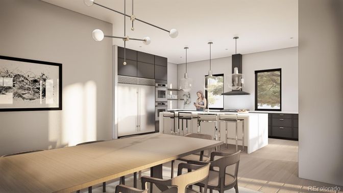 Dining room, Interior, Kitchen, Pendant Lights, Stainless Steel Appliances, Wood Texture Flooring