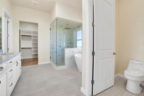 Bathroom, Glass Shower, Interior, Marble Walls, Wood Texture Flooring