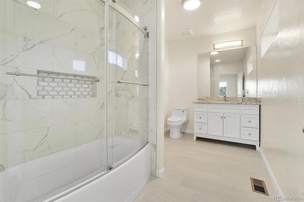 Bathroom, Glass Shower, Interior, Marble Walls, Wood Texture Flooring