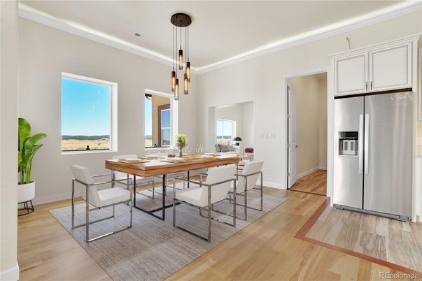 Dining room, Interior, Kitchen, Pendant Lights, Stainless Steel Appliances, Wood Texture Flooring