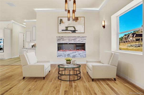 Interior, Living room, Pendant Lights, Recessed Lighting, Wood Texture Flooring