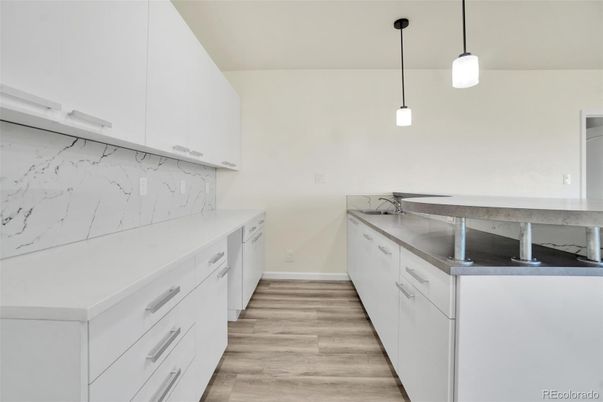 Interior, Kitchen, Marble Walls, Pendant Lights, Wood Texture Flooring