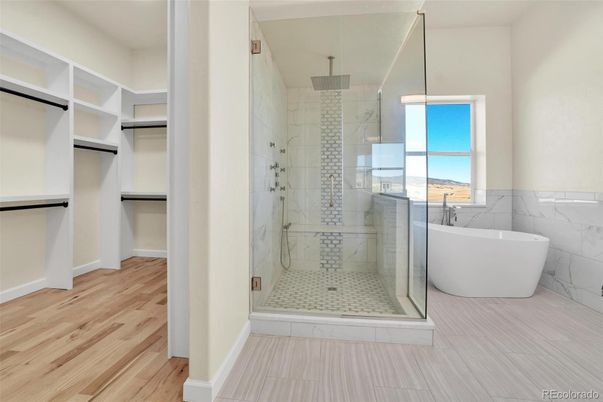 Bathroom, Free Standing Baths, Glass Shower, Interior, Marble Walls, Wood Texture Flooring