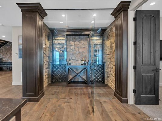 Interior, Recessed Lighting, Stone Walls, Wine Storage, Wood Texture Flooring