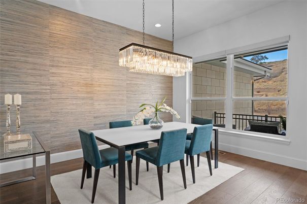 Chandelier, Dining room, Interior, Recessed Lighting, Wood Texture Flooring