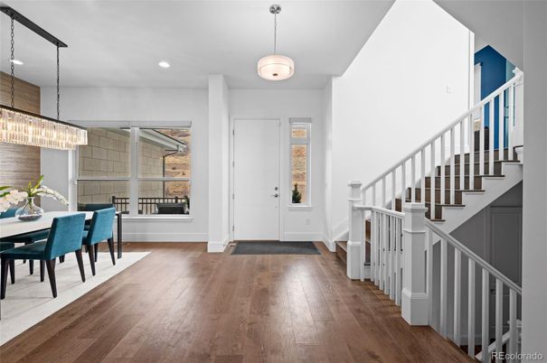 Chandelier, Dining room, Interior, Pendant Lights, Recessed Lighting, Wood Texture Flooring
