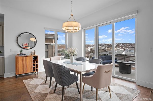 Dining room, Interior, Pendant Lights, Wood Texture Flooring