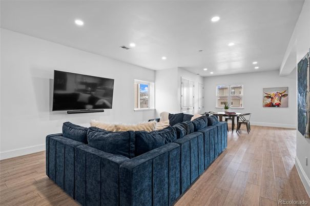 Dining room, Interior, Living room, Recessed Lighting, Wood Texture Flooring