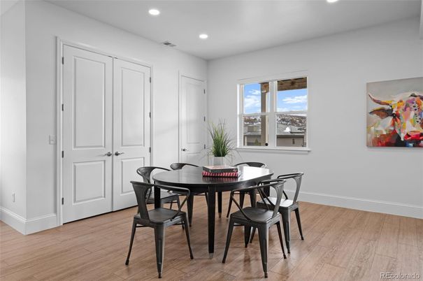 Dining room, Interior, Recessed Lighting, Wood Texture Flooring
