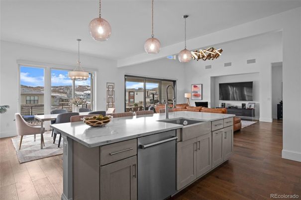 Dining room, Interior, Kitchen, Living room, Pendant Lights, Wood Texture Flooring