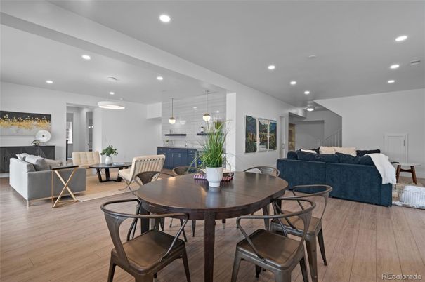 Dining room, Interior, Living room, Pendant Lights, Recessed Lighting, Wood Texture Flooring