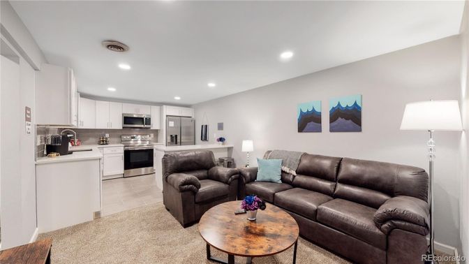 Interior, Kitchen, Living room, Recessed Lighting, Stainless Steel Appliances, Wood Texture Flooring