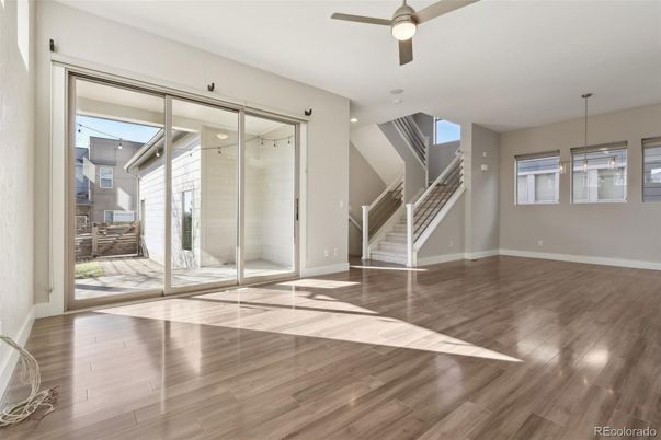Empty room, Interior, Pendant Lights, Recessed Lighting, Wood Texture Flooring