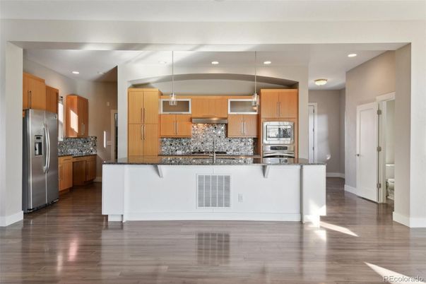 Interior, Kitchen, Pendant Lights, Recessed Lighting, Stainless Steel Appliances, Wood Texture Flooring