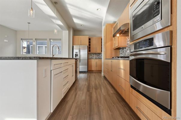 Interior, Kitchen, Pendant Lights, Recessed Lighting, Stainless Steel Appliances, Wood Texture Flooring