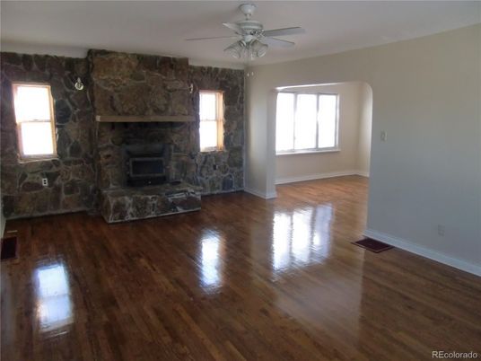Empty room, Fireplace, Interior, Stone Walls, Wood Texture Flooring