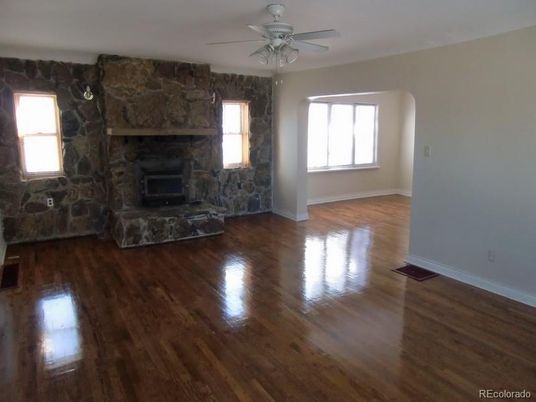 Empty room, Fireplace, Interior, Stone Walls, Wood Texture Flooring