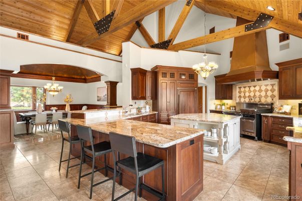 Chandelier, Dining room, Interior, Kitchen, Pendant Lights, Recessed Lighting, Stainless Steel Appliances, Wooden Beams, Wooden Ceilings
