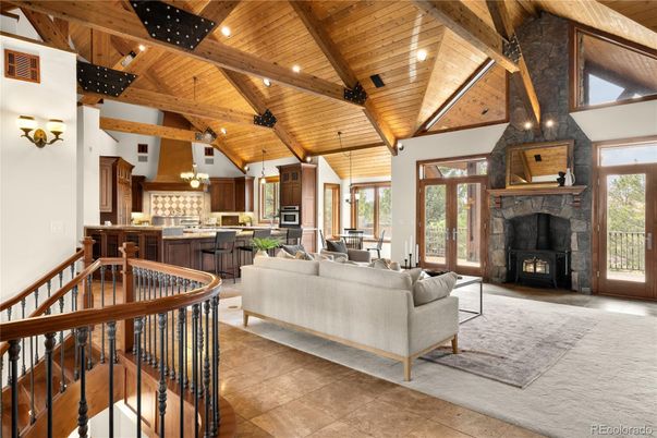 Fireplace, Interior, Kitchen, Living room, Pendant Lights, Recessed Lighting, Wooden Beams, Wooden Ceilings