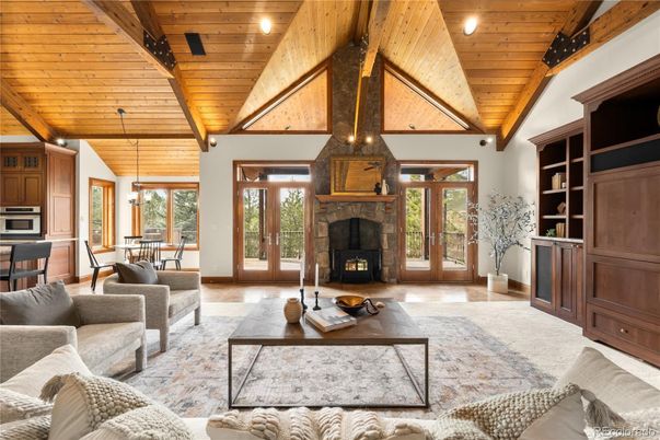 Dining room, Fireplace, Interior, Living room, Pendant Lights, Recessed Lighting, Wooden Beams, Wooden Ceilings, Wood Texture Flooring