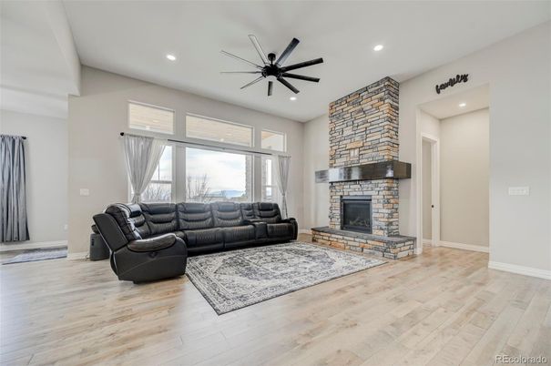 Fireplace, Interior, Living room, Recessed Lighting, Wood Texture Flooring