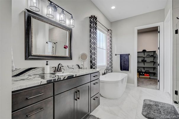 Bathroom, Dual Sink Vanities, Free Standing Baths, Interior, Marble, Recessed Lighting