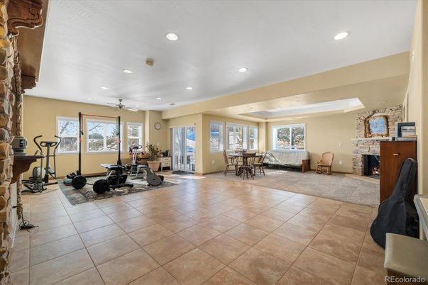 Dining room, Fireplace, Fitness Equipment, Interior, Recessed Lighting