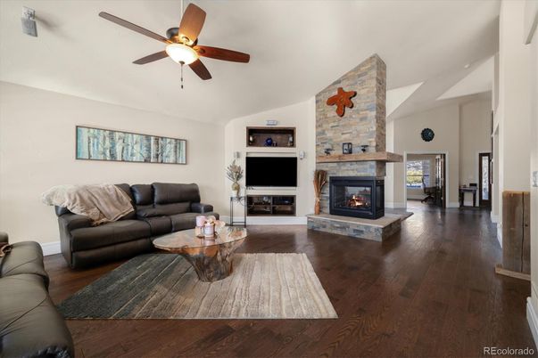 Fireplace, Interior, Living room, Stone Walls, Wood Texture Flooring