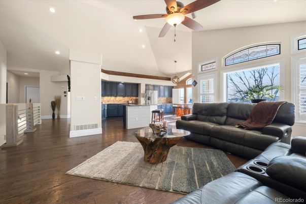 Interior, Kitchen, Living room, Pendant Lights, Recessed Lighting, Wood Texture Flooring