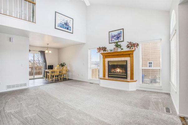 Dining room, Fireplace, Interior, Pendant Lights