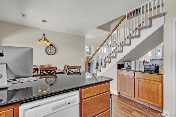 Dining room, Interior, Kitchen, Pendant Lights, Wood Texture Flooring