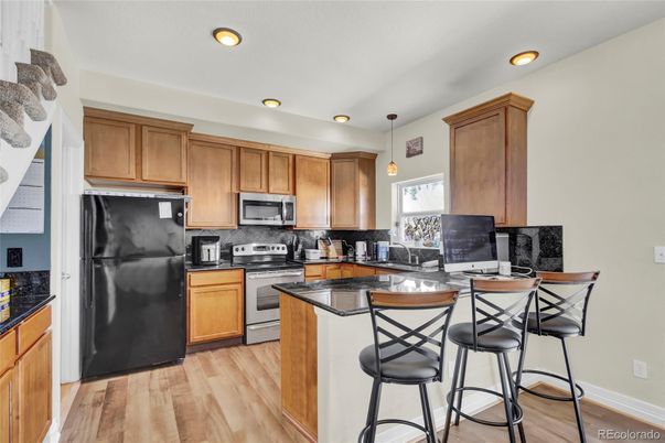 Interior, Kitchen, Pendant Lights, Recessed Lighting, Wood Texture Flooring