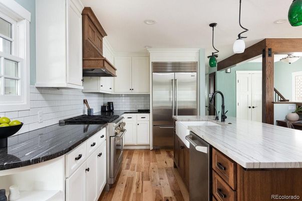 Interior, Kitchen, Pendant Lights, Recessed Lighting, Stainless Steel Appliances, Wood Texture Flooring
