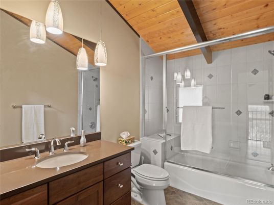 Bathroom, Glass Shower, Interior, Pendant Lights, Wooden Ceilings
