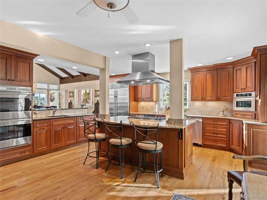 Interior, Kitchen, Recessed Lighting, Stainless Steel Appliances, Wooden Beams, Wood Texture Flooring
