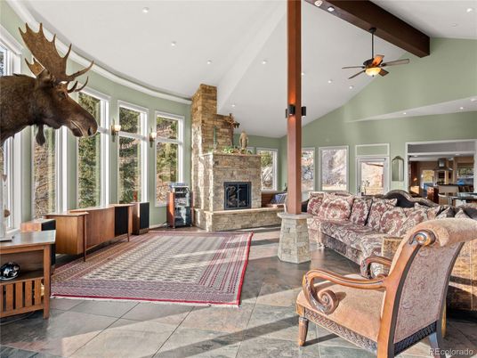 Fireplace, Interior, Living room, Recessed Lighting, Wooden Beams