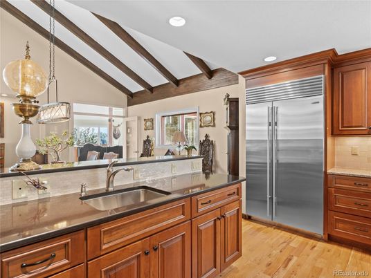 Interior, Kitchen, Pendant Lights, Recessed Lighting, Stainless Steel Appliances, Wooden Beams, Wood Texture Flooring